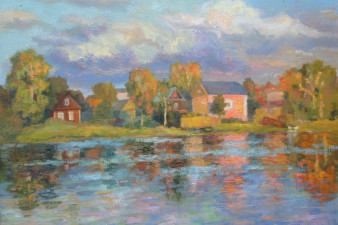 Пейзаж с розовым домиком, х/м